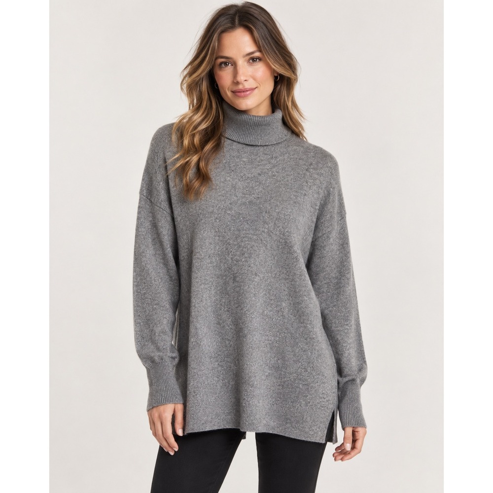 Halogen Turtleneck Sweater Womens L Gray Oversized Side Slit 100% Cashmere Knit